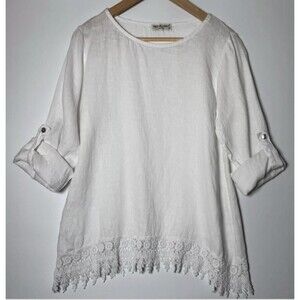 Terzo Millennio Blouse Womens Small White Linen Italy‎ Lace Hem Long Sleeve Top